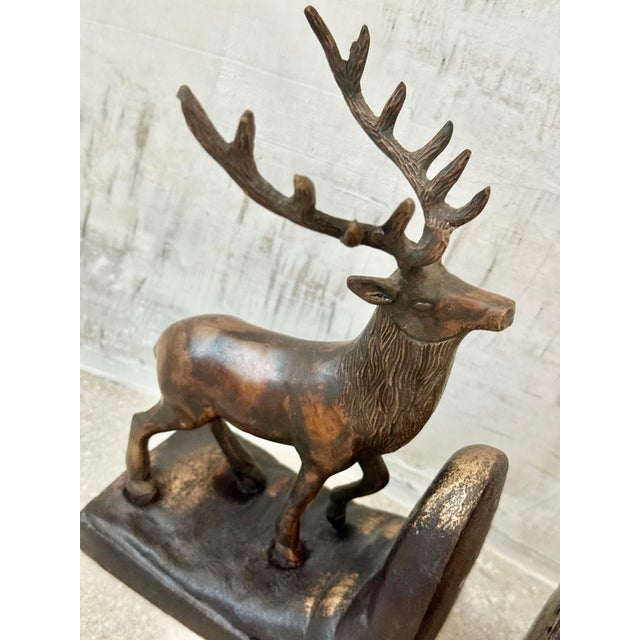 Vintage Sculptural Bronze-Clad Cast Iron Elk, Stag, Deer With Antlers Bookends- A Pair For Sale - Image 10 of 12