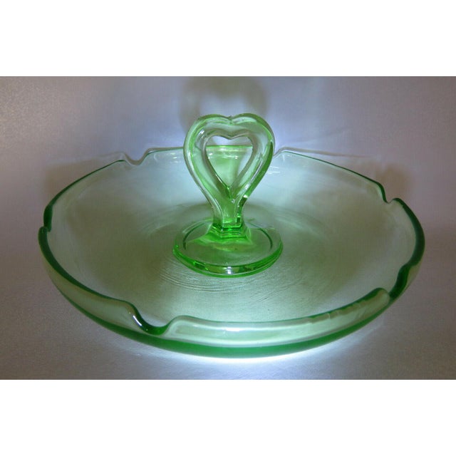 Green Depression Glass Scalloped Etched Two Handle Serving Large
