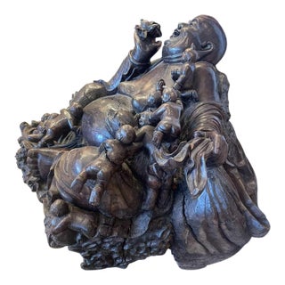 Large Laughing Buddha Wood Floor Sculpture For Sale