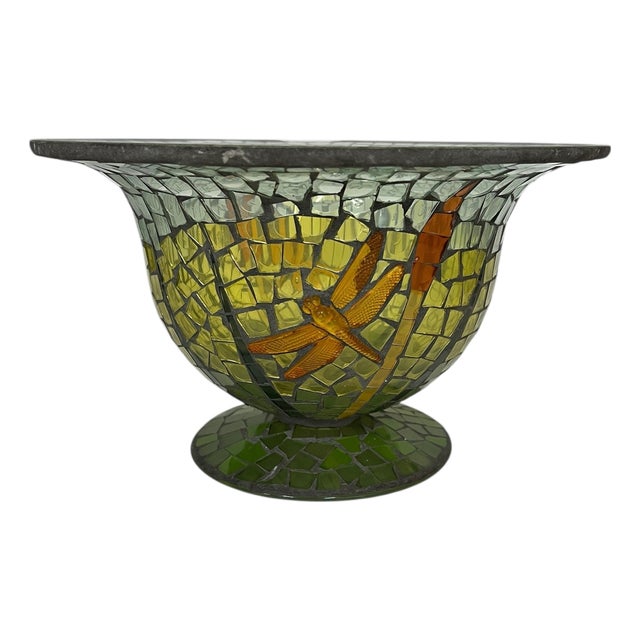 Vintage Handmade Mosaic Blue Green Dragonfly Glass Center Bowl For Sale