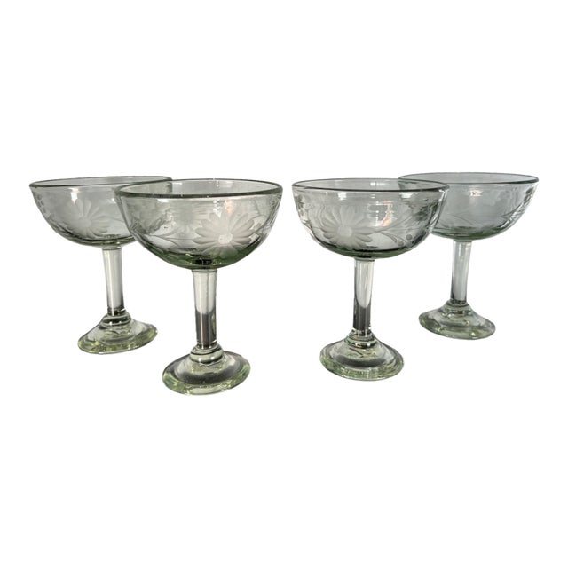 1980s Rose Ann Hall Margarita Glasses: Hand Blown Green Tint Coupes - Set of 4 For Sale