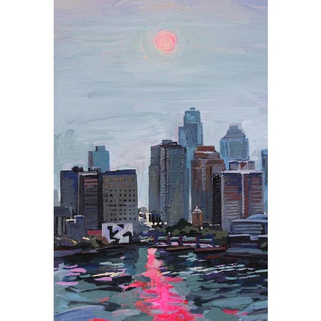 Contemporary "Sun Behind Clouds Over NYC" Original Expressionist Cityscape Acrylic Painting by Natalia Bessonova For Sale - Image 3 of 4