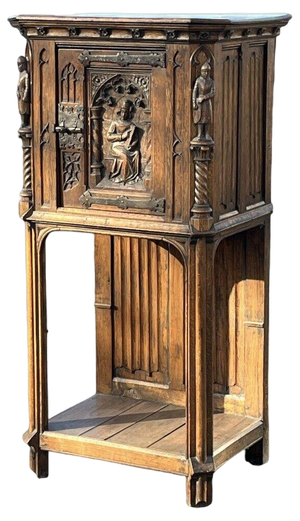 Drinks Cabinet in Oak with Fine Carved Figures of Knights & Maiden