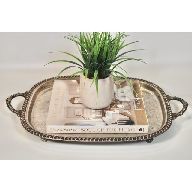 Silver Mid 20th Century Silver Plate Metal Footed Tray With Handles For Sale - Image 8 of 10