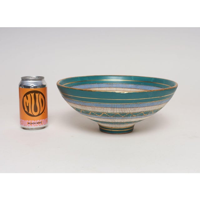 1960s Large Teal and Gilt Ceramic "Seta" Pedestal Bowl by Aldo Londi for Bitossi Italy For Sale - Image 5 of 16