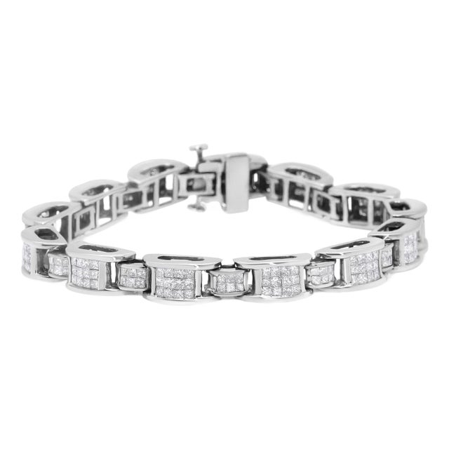 14K White Gold 5.0 Cttw Princess Cut Diamond Invisible Set Alternating Size D Shaped Links Tennis Br For Sale