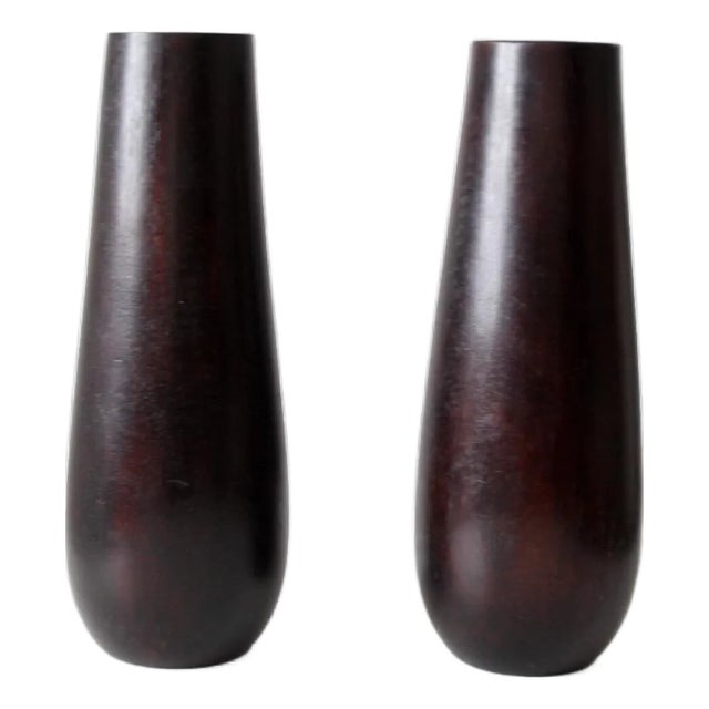 Vintage Wooden Vases With Glass Inserts Pair For Sale