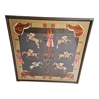 Framed Vintage Hermes Equestrian Silk Scarf "Jumping" by Phillipe Ledoux 1971 For Sale