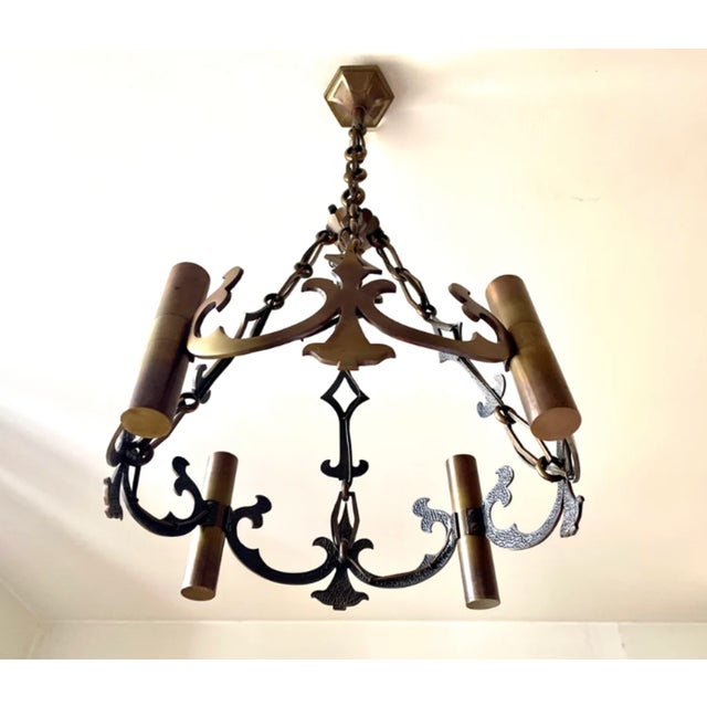 Tan Brutalist Neo-Gothic 4-Light Chandelier, 1950s For Sale - Image 8 of 10