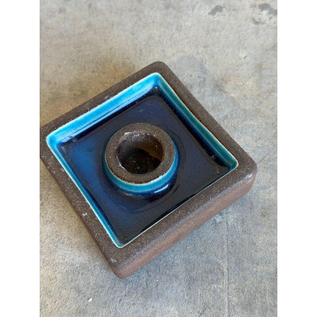 Blue Candleholder Square Stoneware Vibrant Blue Glaze Denmark Mid-Century Modern 1970s For Sale - Image 8 of 10