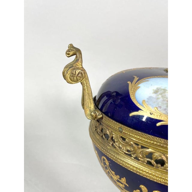 19thC Sevres Louis XVI Style Blue Porcelain Bronze Bowl Urn For Sale - Image 15 of 18