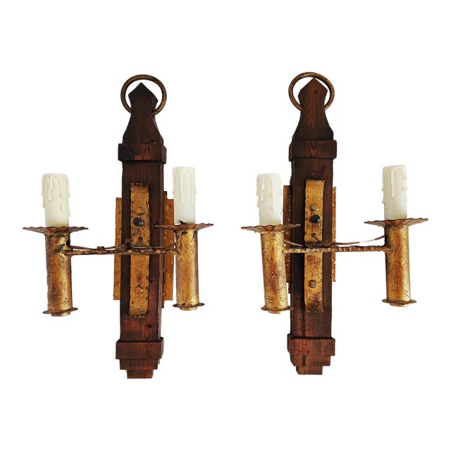 Vintage Spanish Revival Gilded Wrought Iron & Wood Wall Sconces-a Pair For Sale