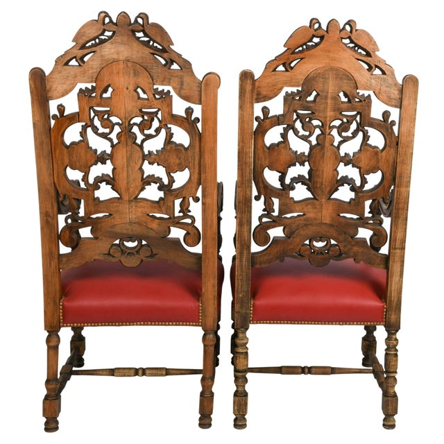 Jacobean Antique Pair of Carved Walnut Jacobean Revival Throne Chairs With Red Leather Seats For Sale - Image 3 of 16