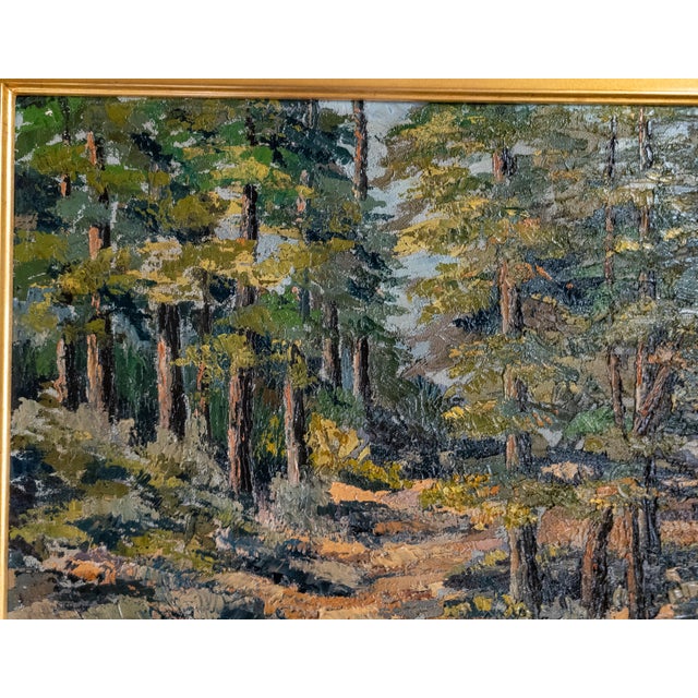 Wood Mid-Century Impressionist Oil Painting of Forest Scene Landscape, Signed Illegibly For Sale - Image 7 of 15