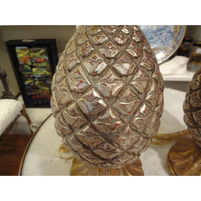 1960s Pair of Vintage Italian Gilt Terra Cotta Pineapple Lamps For Sale - Image 5 of 9