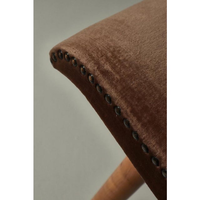 Swedish Modern Birchwood Stool with Curved Seat and Pearl-Studded Brown Velvet, 1940s For Sale - Image 11 of 14