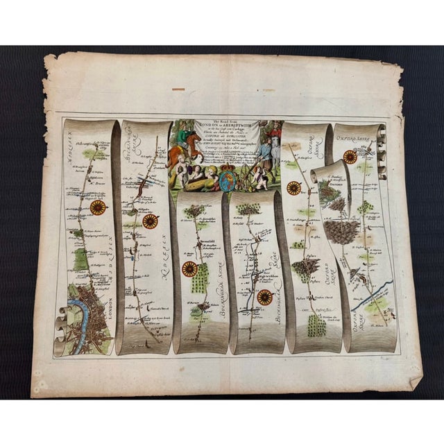 Set of 5 John Ogilby 1675 Hand Colored Road Maps Britannia England For Sale - Image 16 of 18
