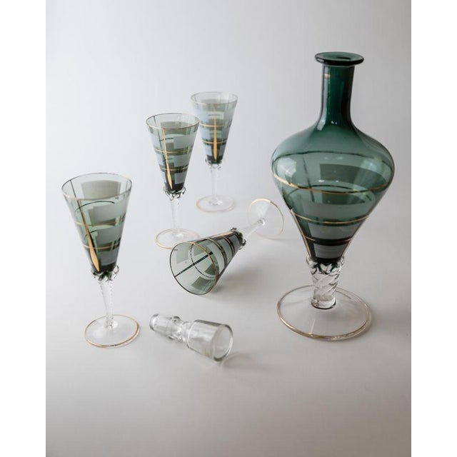 Vintage Italian Blue Murano Glass Liqueur Decanter Glasses with Hand Painted Gilt Details, 1950s, Set of 5 For Sale - Image 4 of 15