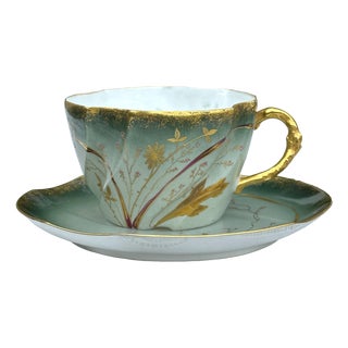 Art Nouveau Collectible Chocolate Cup and Saucer in Eggshell Porcelain with Gold Trim, France, 1890s, Set of 2 For Sale