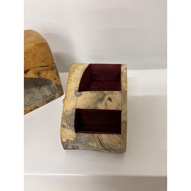 Burl Wood Jewelry Box with three small velvet dressed drawers. On the backside of the biggest drawer there is a hidden...