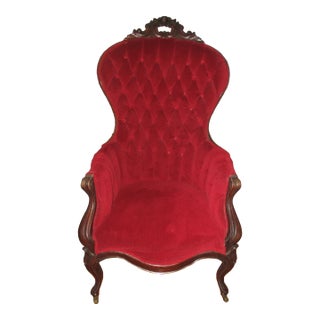 Late 19th Century Victorian Gentleman's Rococo Revival Style Velvet Upholstered Parlor Chair For Sale