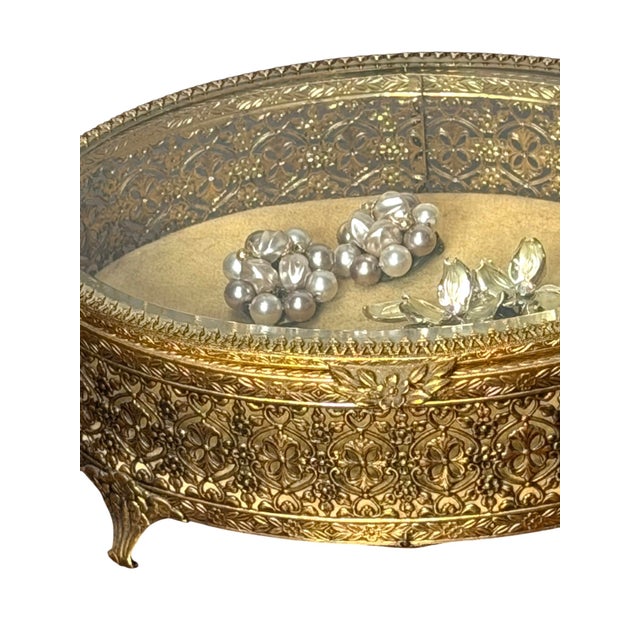 Vintage Hollywood Regency Style Brass Filigree Jewelry Box With Beveled Glass Top For Sale In Charlotte - Image 6 of 9