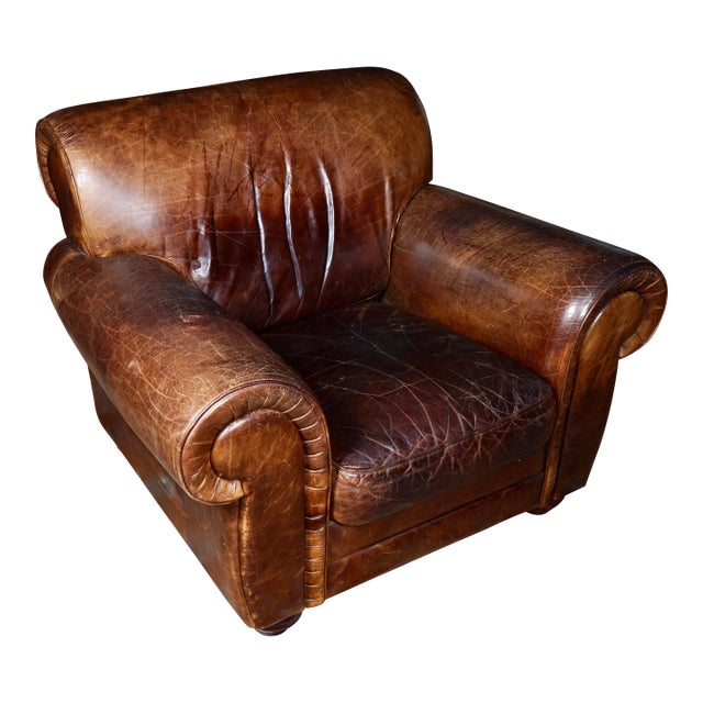 Vintage Natuzzi Italian Brown Leather Club Chair For Sale