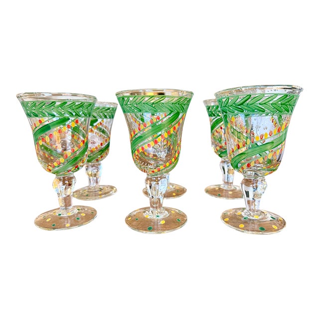 Vintage Vietri Hand-Painted Festive Glass Goblets - Set of Six For Sale