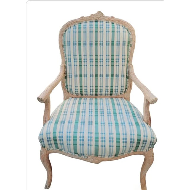 Wood Vintage Large Faux Bois Modern Plaid Green Blue Side Accent Chair For Sale - Image 7 of 11