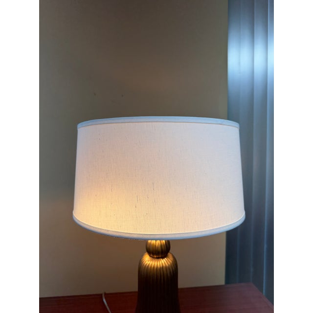Brass Art Deco Fluted Brass Table Lamp With Linen Shade For Sale - Image 8 of 8