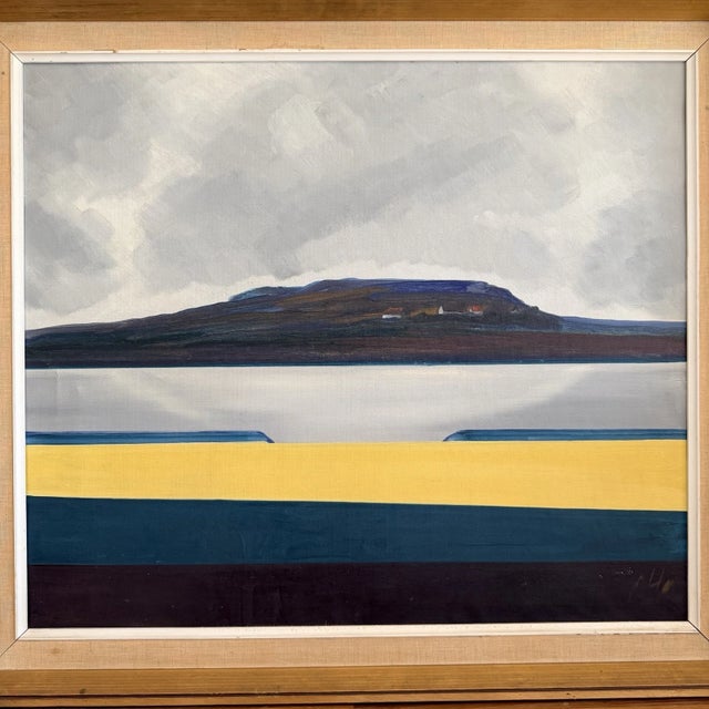 A striking Danish mid-century oil painting on canvas by Knud Horup, depicting an abstracted coastal landscape with sea,...
