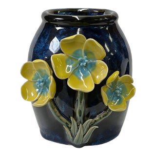 Navy Blue Glaze Dimensional Yellow Flower Holder Pot Vase For Sale