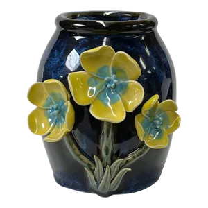Navy Blue Glaze Dimensional Yellow Flower Holder Pot Vase