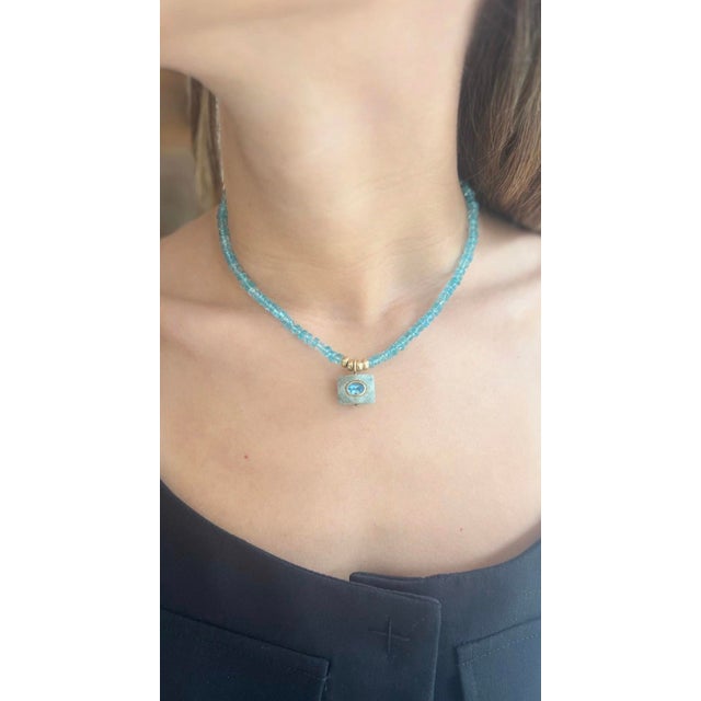 Blue Apatite Pendant Necklace With 14k Gold For Sale - Image 8 of 12