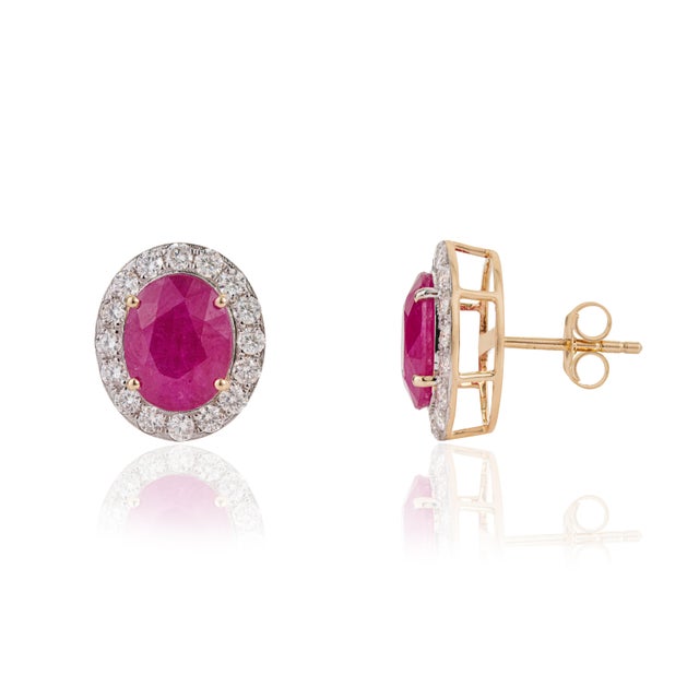 VR Jewels 7.21ct Oval-Cut Ruby & 1.16ct Diamond Halo Stud Earrings in 18k Yellow Gold- A Pair For Sale - Image 4 of 16