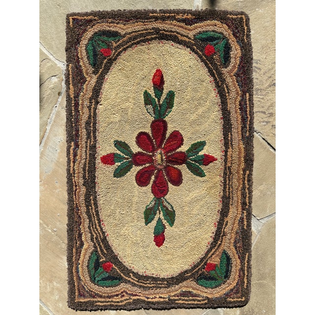 Folk Art Vintage Hand-Hooked Floral Folk Art Rug Textile For Sale - Image 3 of 6