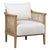 Modern coastal hand crafted Mindi wood arm chair with rattan caning detail and off-white upholstered seat and back pillow....