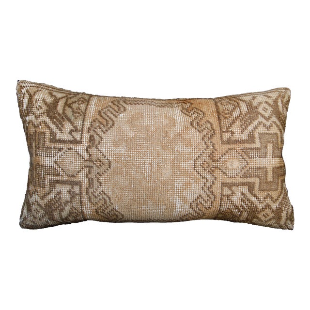 Traditional Turkish Rug Pillow – Neutral Geometric Motifs, Artisan Made From Vintage Rug -16'' X 29'' For Sale