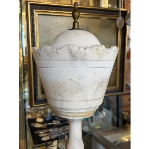 Late 19th Century Victorian Hand Carved Alabaster Table Lamb With Bird Motif For Sale - Image 10 of 12