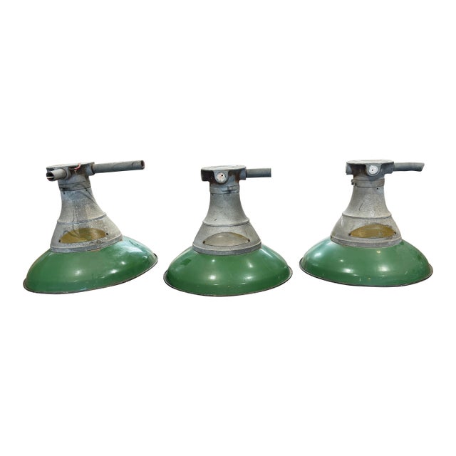 Vintage Crouse-Hinds Green Porcelain Enamel Explosion-Proof Industrial Pendant Lights, Circa 1950s - Set of Three For Sale