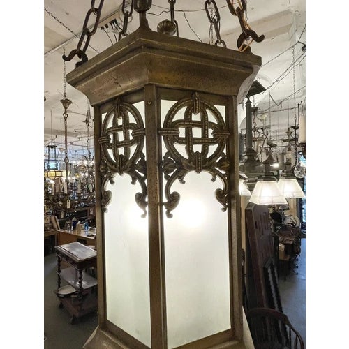 Gothic Antique Brass Neo Gothic Three Light Ceiling Pendant Light Celtic Knot Pattern For Sale - Image 3 of 12