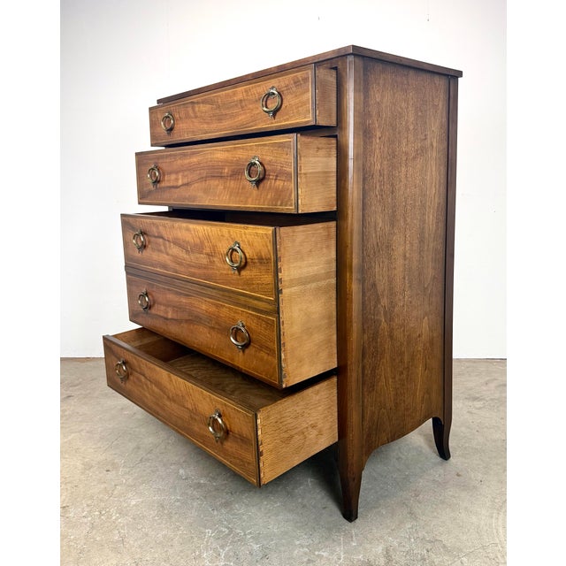 Mid 20th Century Baker Furniture Walnut /Satinwood Bow Front Tall Dresser Chest of Drawers For Sale In New York - Image 6 of 12