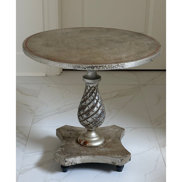 Vintage Palm Beach Regency Style Silver Crackle Finish Pineapple Pedestal Side Table For Sale - Image 10 of 18