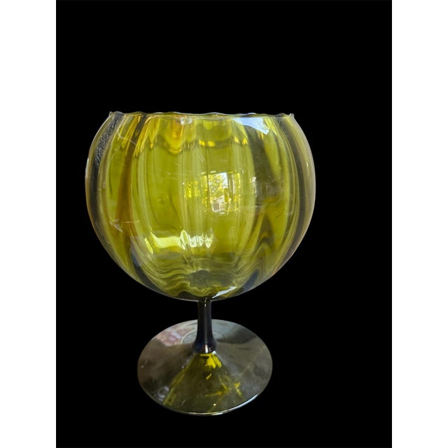 1960s Avocado Green Empoli Optic Italian Glass Stemmed Bowl Vase For Sale - Image 5 of 7