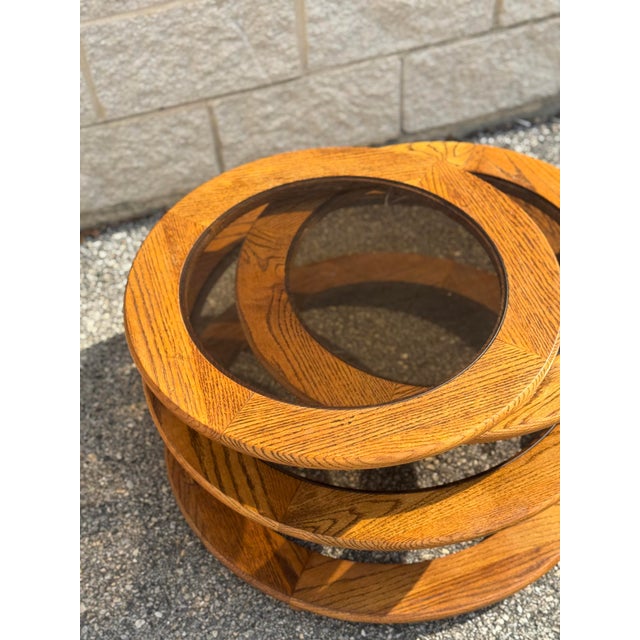 1970s Oak and Smoked Glass Tiered Swivel Coffee Table With Expanding Tops For Sale - Image 11 of 12