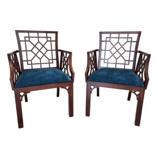 Ralph Lauren Chinese Chippendale, Lee Jofa Velvet Arm Chairs-a Pair For Sale