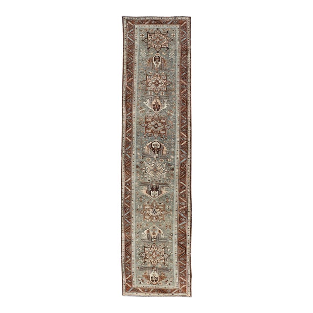 Antique Persian Heriz Runner in Wool With Geometric Medallions in Light Gray Green and Brown For Sale