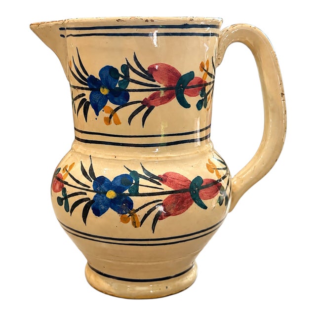 1960s Vintage Spanish Hand-Painted Folk Art Ceramic Pitcher For Sale