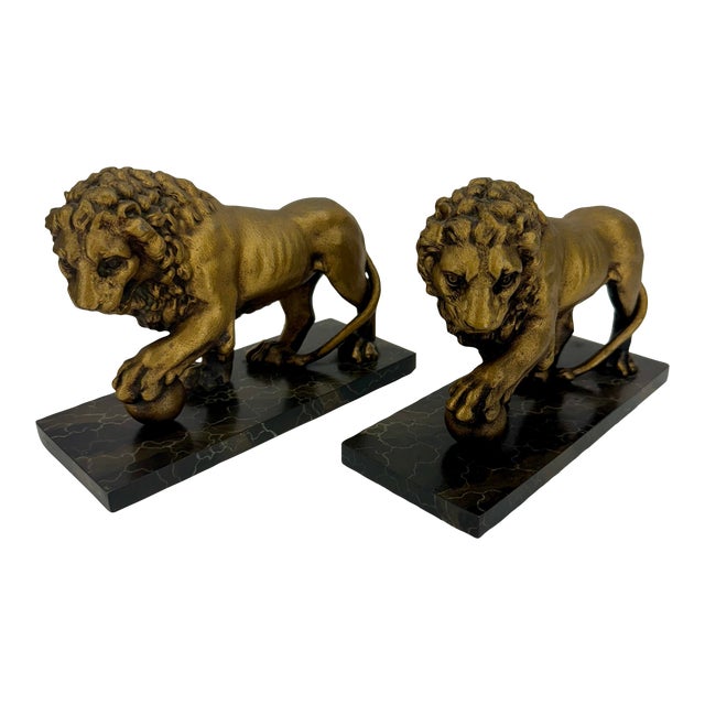 Pair of 1960s Lion Bookends on Faux Marble Bases For Sale