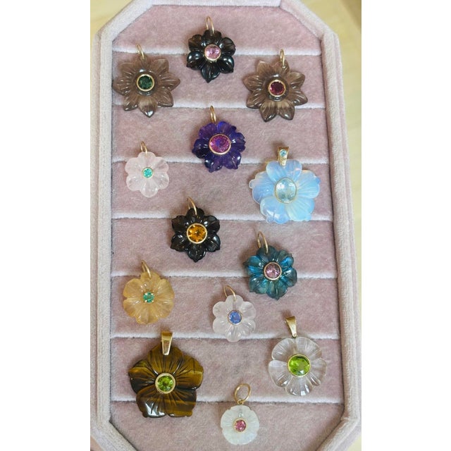 Modern Flora Pendant, Opalite Flower With Sky Blue Topaz & 14k Gold For Sale - Image 3 of 5